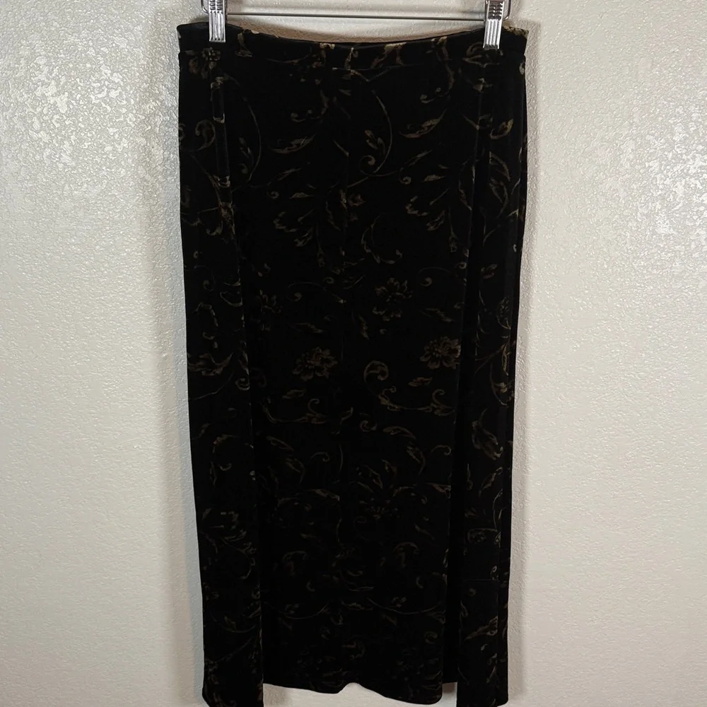 Vintage 90s Kathie Lee Black Velvet Gold Floral Print Maxi Skirt Size Medium